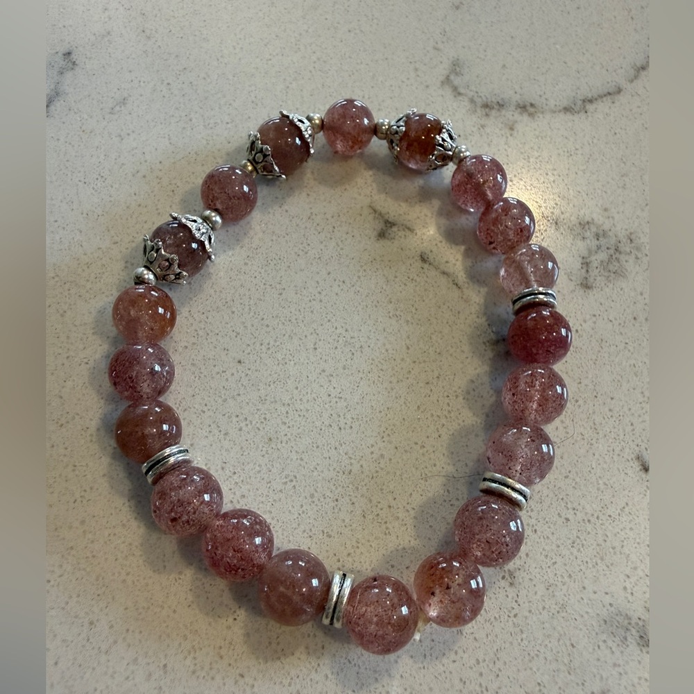 Rose Quartz and silver-tone beaded bracelet